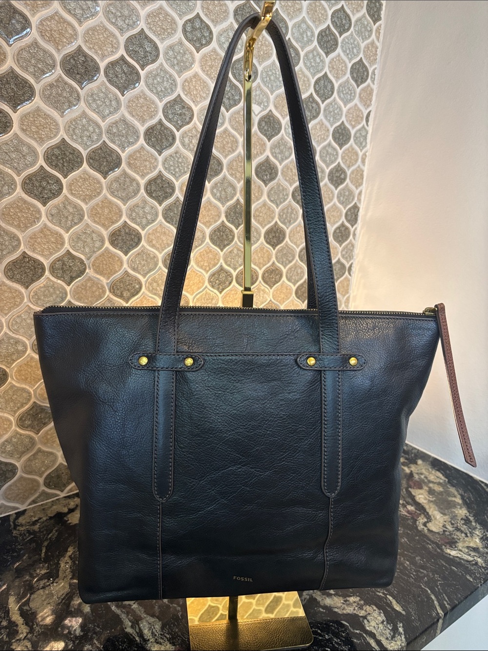 Fossil Black Leather Double-Handle Tote